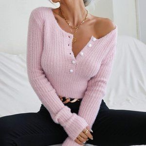 Casual Button Front Scoop Neck Rib-knit Sweater Pink